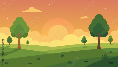 Open Meadow with Scattered Trees Under Sunset Light Landscape
