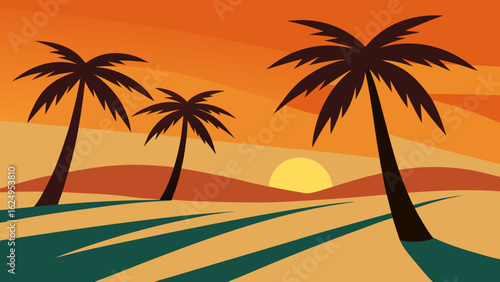 Palm Trees Casting Long Shadows on Beach at Sunset Tropical Scene