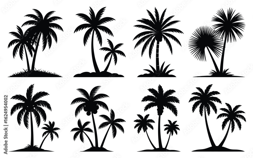 Obraz premium Vector art of silhouette of various palm trees isolated on white background for tropical design