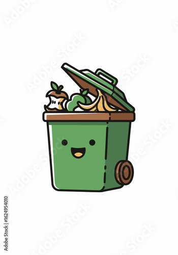 Cute cartoon compost bin character with organic food waste