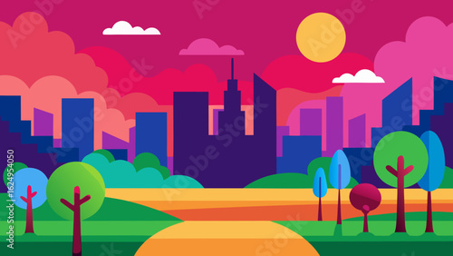 Abstract Colorful City Park with Gradient Skies Urban Landscape
