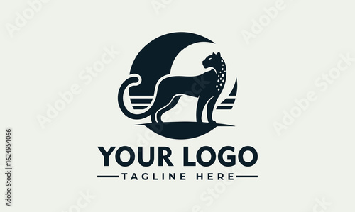 Silhouette of a panther resting atop stylized waves, set against a crescent moon with stars.