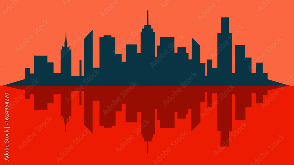 Fototapeta premium Abstract Skyline with Mirrored Reflection Below Modern Cityscape Artwork