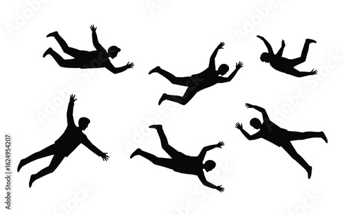 Vector art of silhouetted skydivers in freefall, isolated on white background