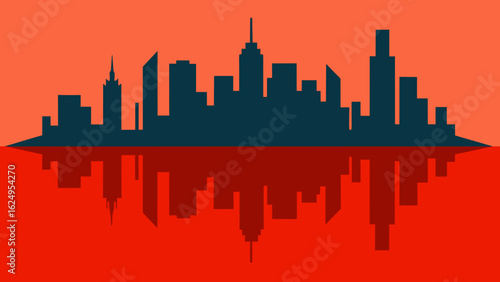 Abstract Skyline with Mirrored Reflection Below Modern Cityscape Artwork