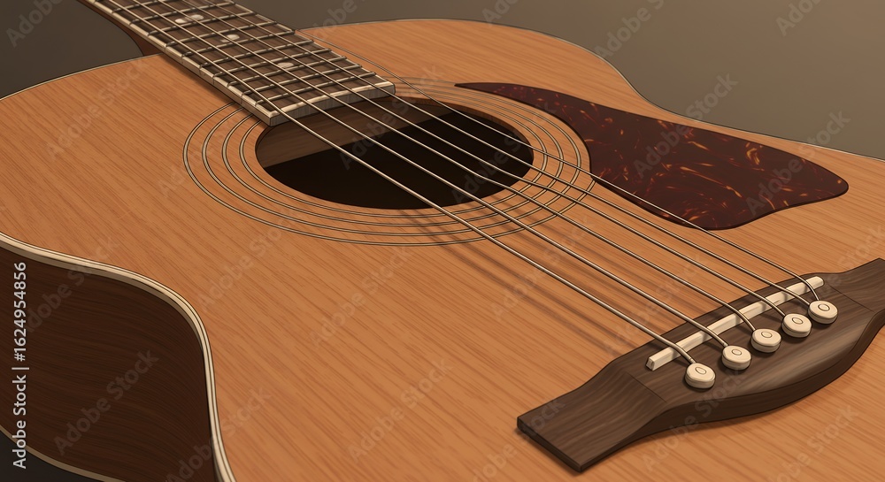 Fototapeta premium Acoustic Wooden Guitar with Tortoise Pickguard and Metal Strings on Brown Background