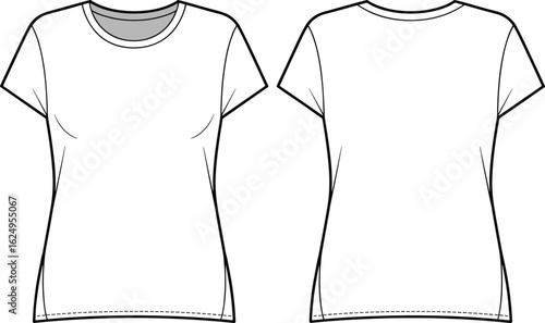 Basic women’s t-shirt cad drawing flat vector illustration, front and back view, short sleeve top template, technical fashion sketch, apparel design mockup