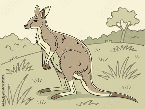 Cute kangaroo in a serene Australian landscape drawing.  A charming illustration of a kangaroo standing in a peaceful Australian outback scene. 