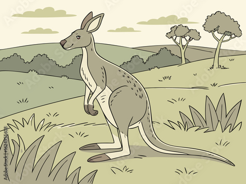 Cute kangaroo in a serene Australian landscape drawing.  A charming illustration of a kangaroo standing in a peaceful Australian outback scene. 