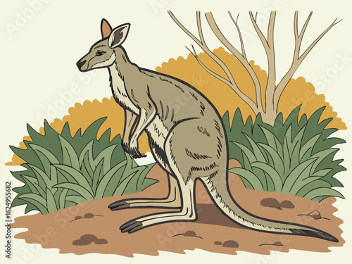 Cute kangaroo in a serene Australian landscape drawing.  A charming illustration of a kangaroo standing in a peaceful Australian outback scene. 