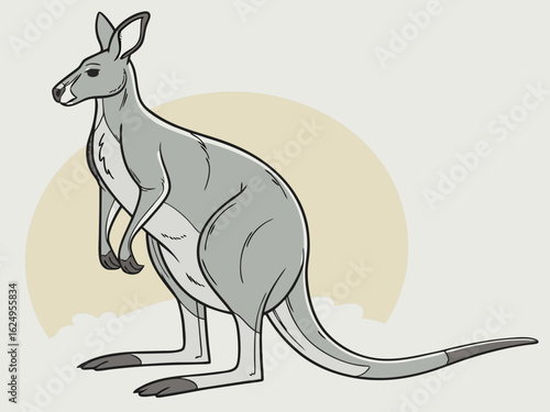 Cute kangaroo in a serene Australian landscape drawing.  A charming illustration of a kangaroo standing in a peaceful Australian outback scene. 