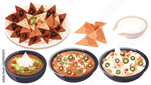 Illustration of a plate of nachos with three bowls of different toppings and sour cream being poured