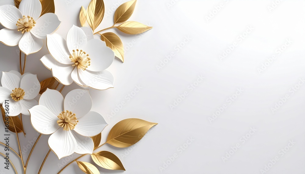 Fototapeta premium Elegant white and gold floral arrangement studio setting graphic design minimalist style close-up view creative concept for home decor