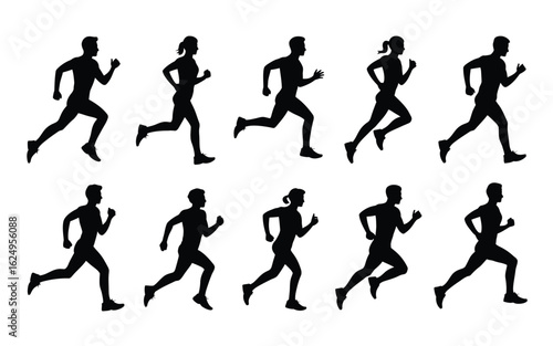 Vector art of silhouette of people running isolated on white background set of runners in motion
