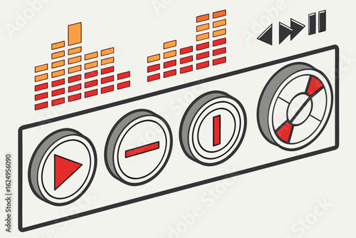 Isometric music player interface with play pause stop rewind and volume controls and equalizer bars