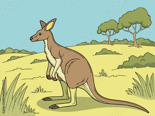 Cute kangaroo in a serene Australian landscape drawing.  A charming illustration of a kangaroo standing in a peaceful Australian outback scene. 