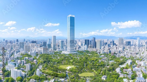 Panoramic View of Osaka City Skyline, Japan: Modern Architecture and Lush Greenery