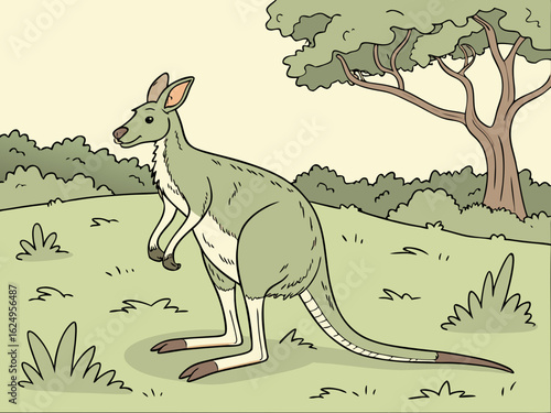 Cute kangaroo in a serene Australian landscape drawing.  A charming illustration of a kangaroo standing in a peaceful Australian outback scene. 