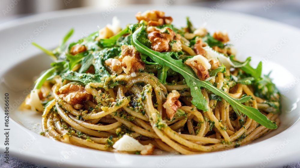 Anti-Cholesterol Dishes. Delicious pasta dish topped with greens and walnuts served in a white bowl. Anti-Cholesterol Dishes. Delicious pasta dish topped with greens and walnuts served in a white bowl.