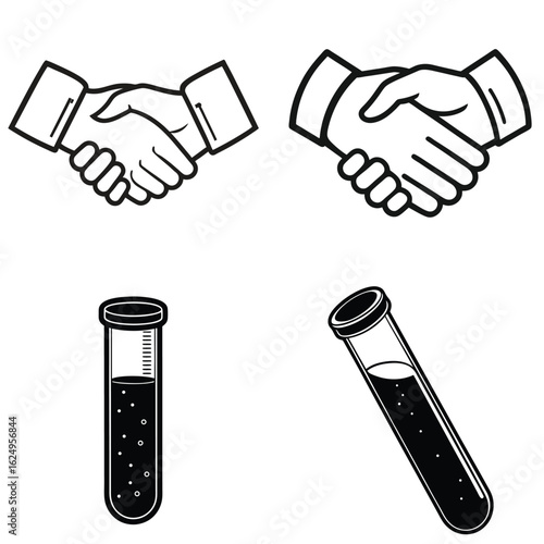 Vector art of black and white illustration of a handshake and test tubes isolated on white background