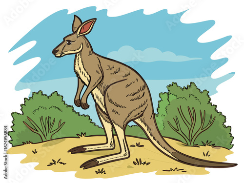 Cute kangaroo in a serene Australian landscape drawing.  A charming illustration of a kangaroo standing in a peaceful Australian outback scene. 