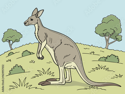 Cute kangaroo in a serene Australian landscape drawing.  A charming illustration of a kangaroo standing in a peaceful Australian outback scene. 