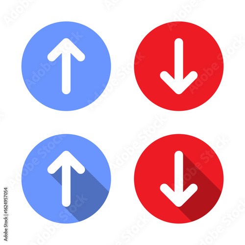Up and down arrow icon with long shadow. Upward and downward arrows sign. Download and upload symbol