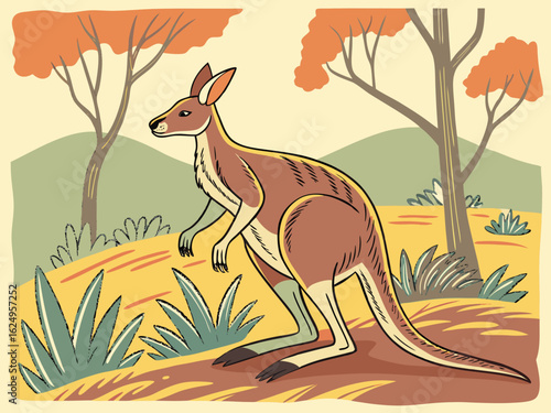 Cute kangaroo in a serene Australian landscape drawing.  A charming illustration of a kangaroo standing in a peaceful Australian outback scene. 