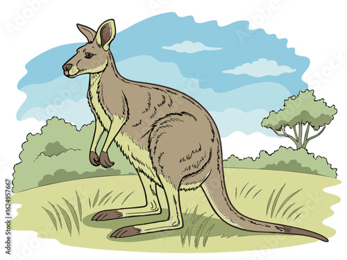Cute kangaroo in a serene Australian landscape drawing.  A charming illustration of a kangaroo standing in a peaceful Australian outback scene. 