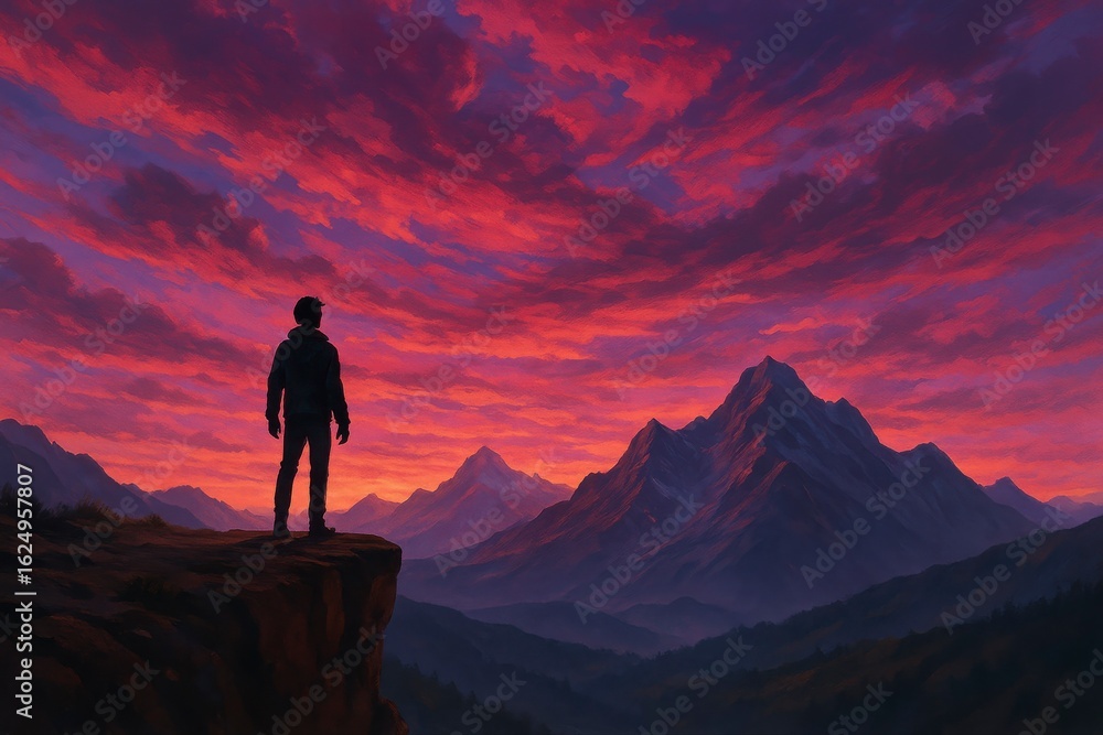 Obraz premium Silhouette of a person on cliff overlooking mountains at sunset sky