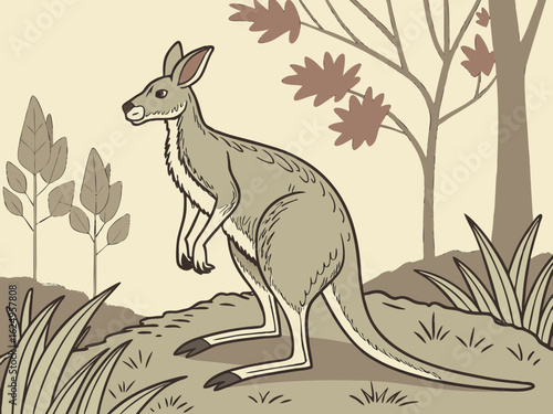 Cute kangaroo in a serene Australian landscape drawing. A charming illustration of a kangaroo standing in a peaceful Australian outback scene. 