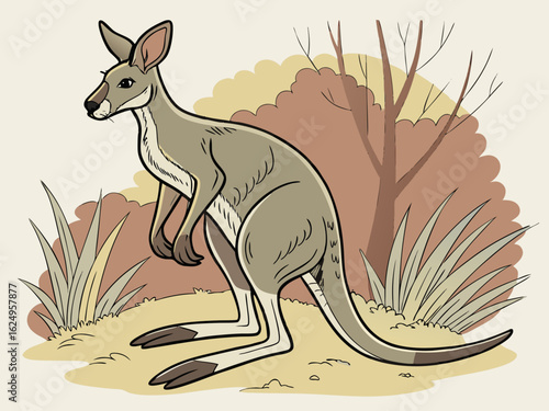 Cute kangaroo in a serene Australian landscape drawing. A charming illustration of a kangaroo standing in a peaceful Australian outback scene. 