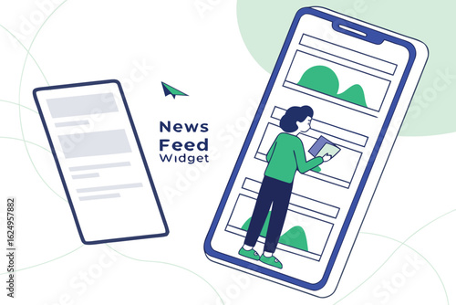 Person using a news feed widget on a mobile device with another device nearby and paper airplane icon