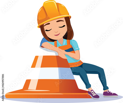 a tired female construction worker sleeping on a traffic cone vector flat illustration