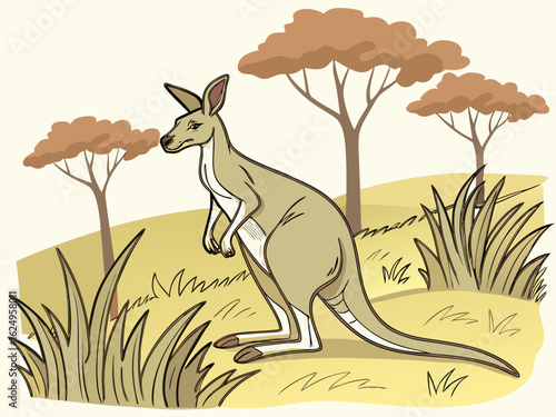 Cute kangaroo in a serene Australian landscape drawing. A charming illustration of a kangaroo standing in a peaceful Australian outback scene. 