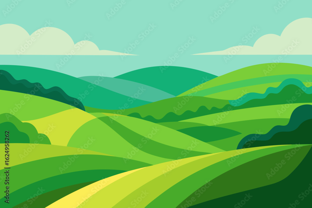 Fototapeta premium Expansive Sunny Countryside Illustration with Rolling Hills and Fields