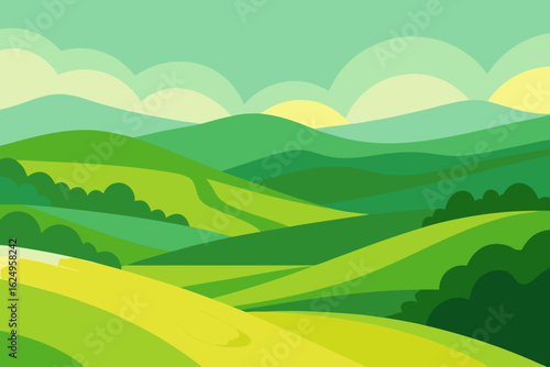 Expansive Sunny Countryside Illustration with Rolling Hills and Fields
