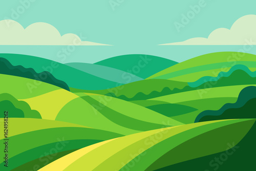 Expansive Sunny Countryside Illustration with Rolling Hills and Fields