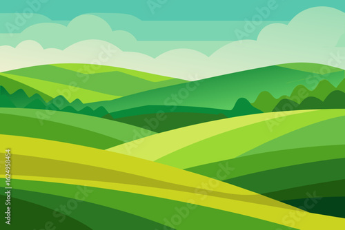 Expansive Sunny Countryside Illustration with Rolling Hills and Fields