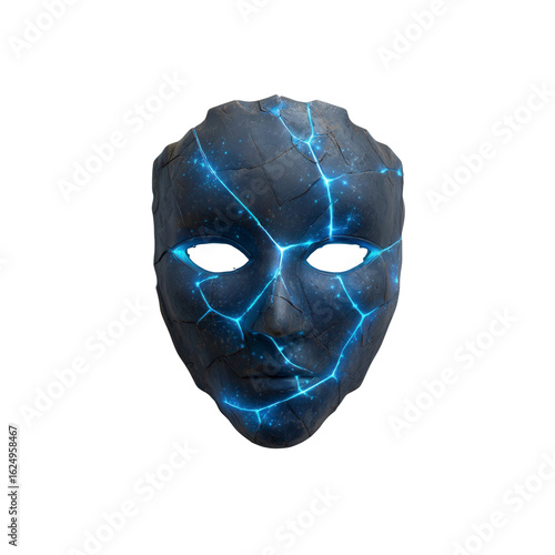 Glowing Stone Mask Mystical Face with Crackled Texture and Neon Blue Energy