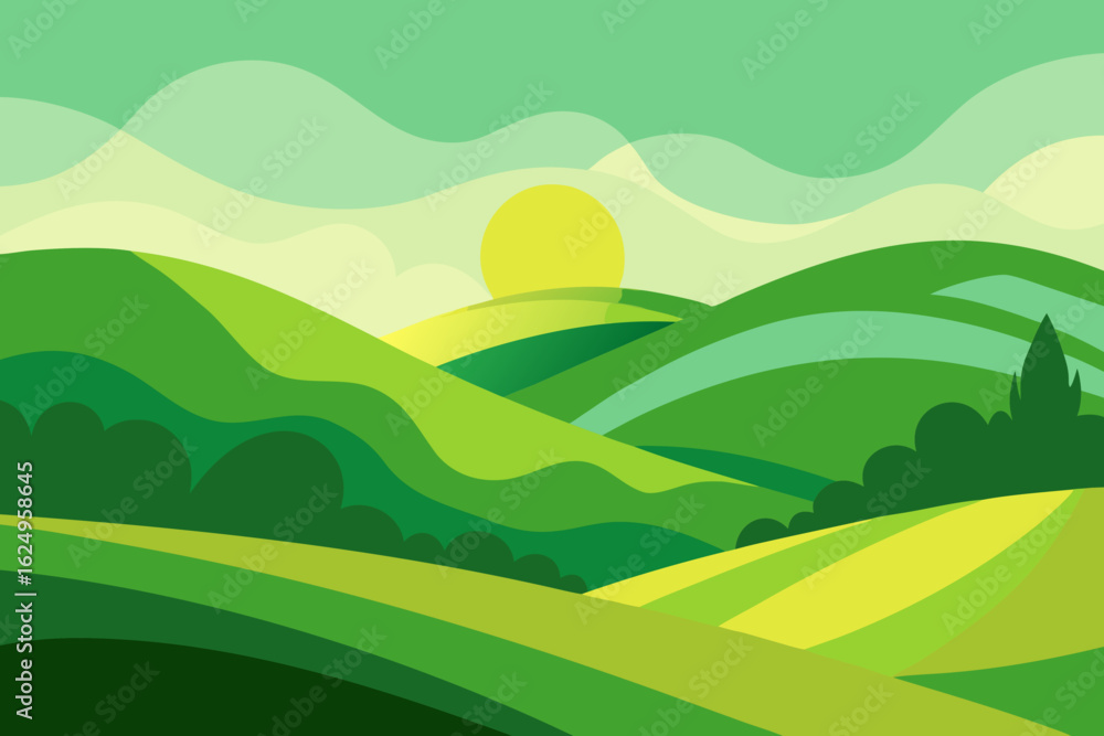 Fototapeta premium Expansive Sunny Countryside Illustration with Rolling Hills and Fields