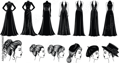 Elegant fashion illustration of evening dresses and stylish women hairstyles, female side portraits with hats, beauty and style concept