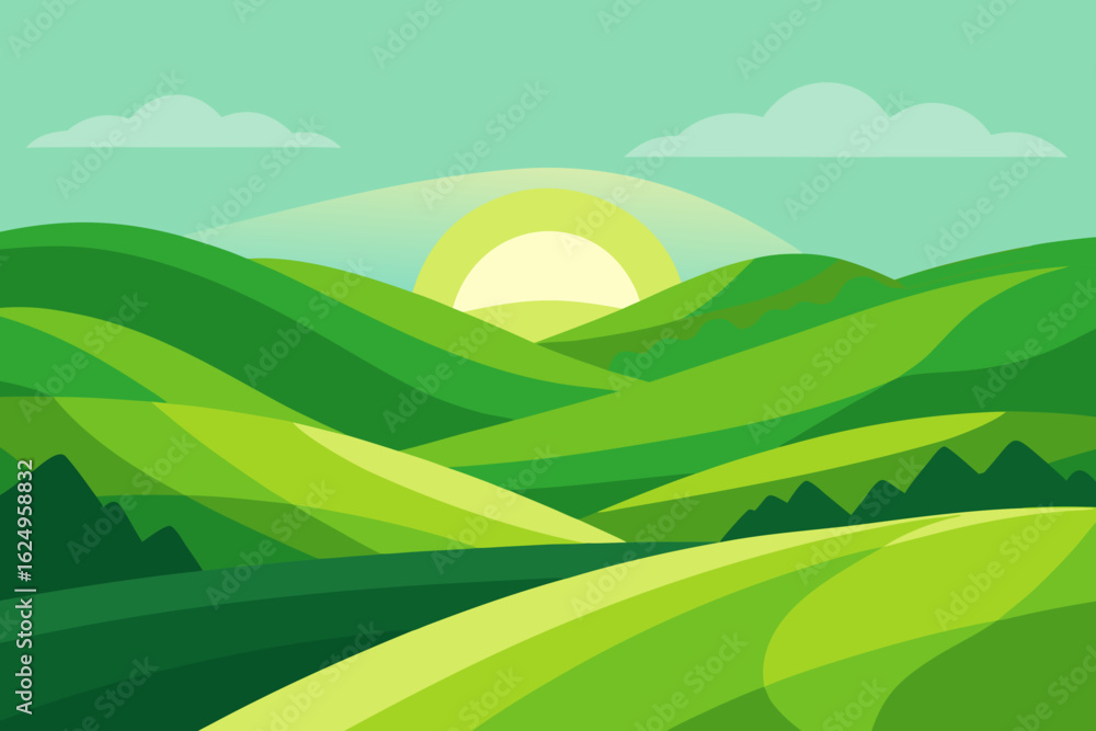 Fototapeta premium Expansive Sunny Countryside Illustration with Rolling Hills and Fields