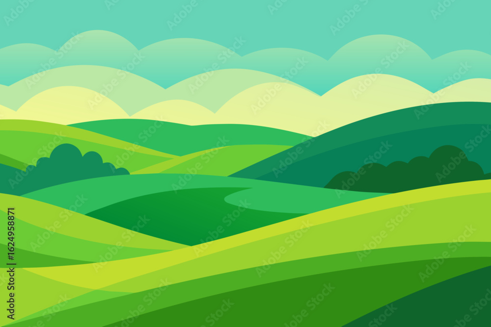 Obraz premium Expansive Sunny Countryside Illustration with Rolling Hills and Fields