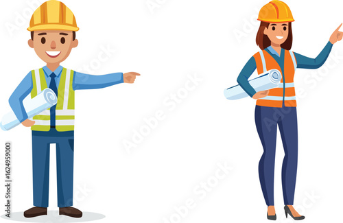 Flat illustration of a smiling male and female civil engineers or architects with blueprints, pointing to the side