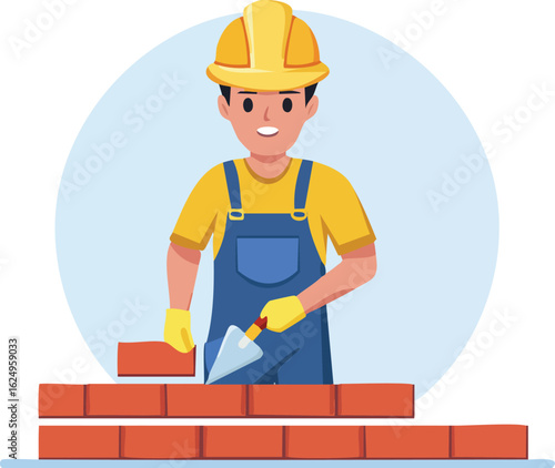 happy young male bricklayer smiling while building a brick wall with a trowel. Simple flat labor day vector illustration