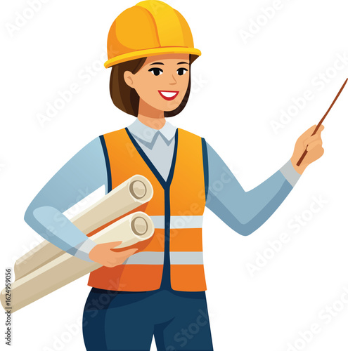 confident female architect or civil engineer wearing a hard hat, holding blueprints, and pointing, flat labor day vector clip art illustration