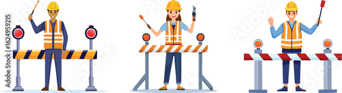 A traffic controller and construction workers set, showing male and female professionals with barricades. Flat vector labor day illustration