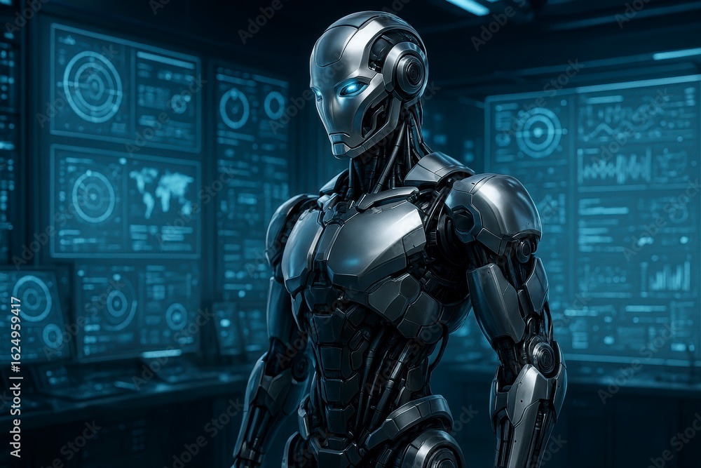 Naklejka premium Futuristic robot standing in front of multiple glowing data screens