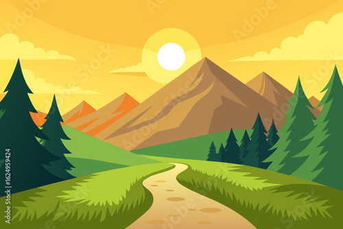 Idyllic Landscape Illustration with Verdant Green Hues Peaceful Nature Art